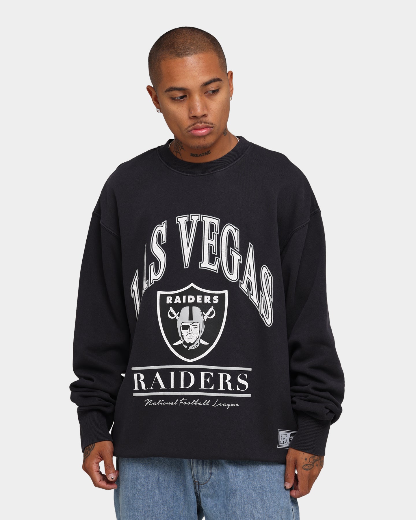 Majestic Athletic Las Vegas Raiders Vintage NFL Arch Crew Faded Black