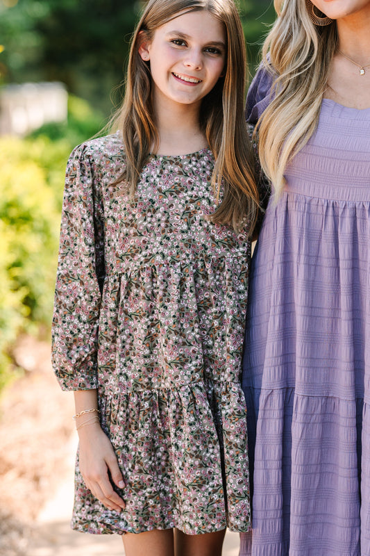 Girls: Can't Be Outdone Gray Ditsy Floral Dress