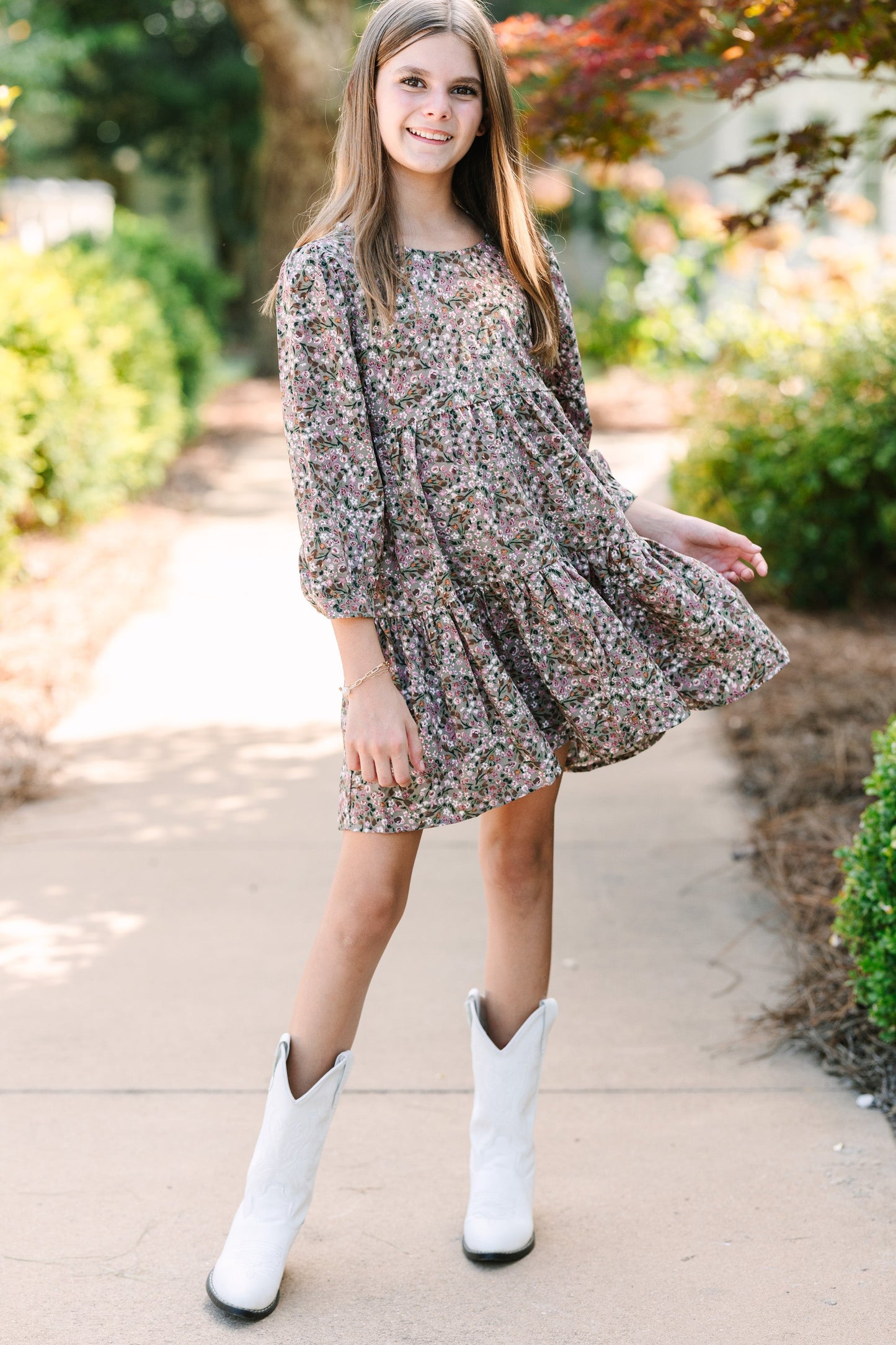 Girls: Can't Be Outdone Gray Ditsy Floral Dress