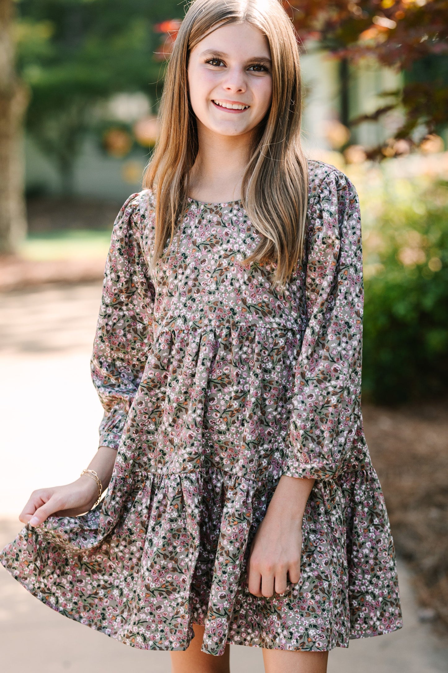 Girls: Can't Be Outdone Gray Ditsy Floral Dress