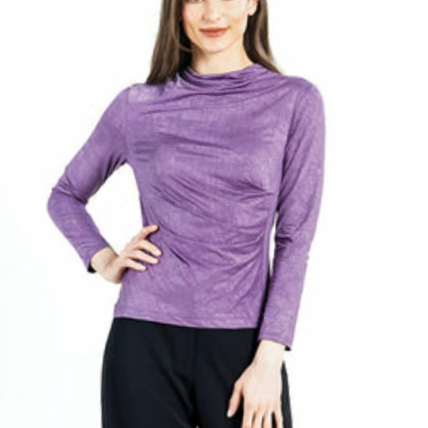 Crushed Silk Knit - Draped Neck Side Ruched Top In Plum