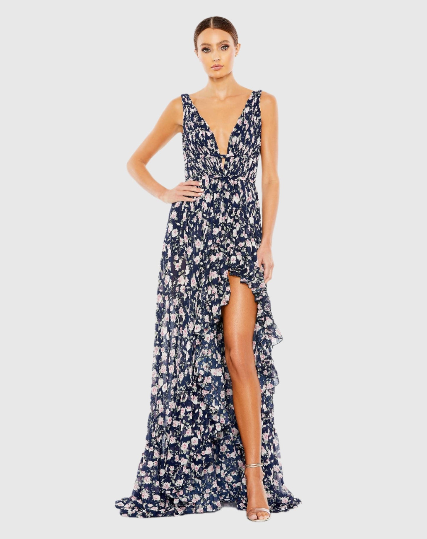 Floral Print Sleeveless Ruffled High-Low Gown