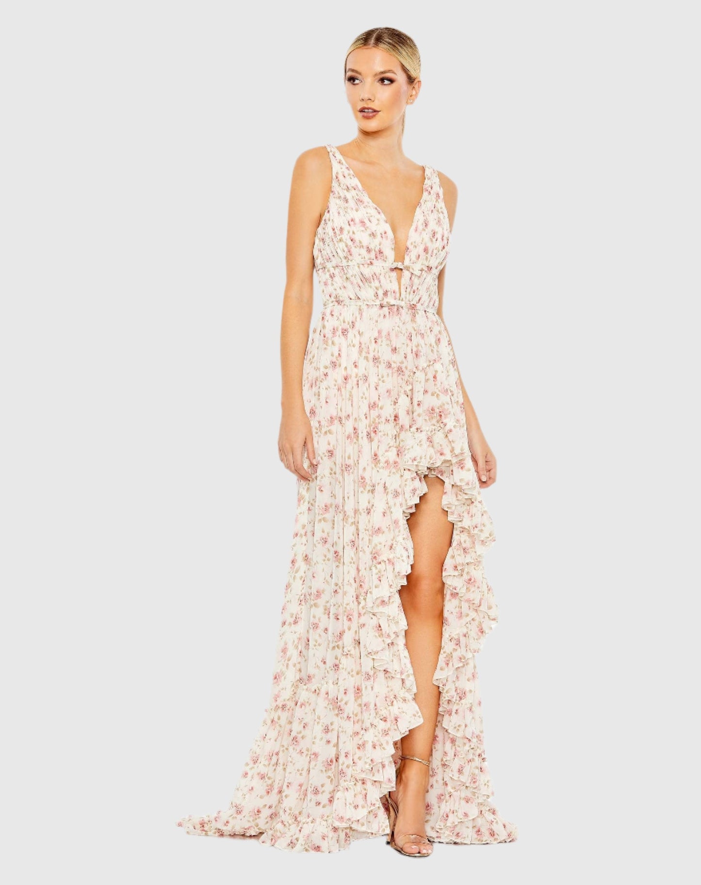 Floral Print Sleeveless Ruffled High-Low Gown