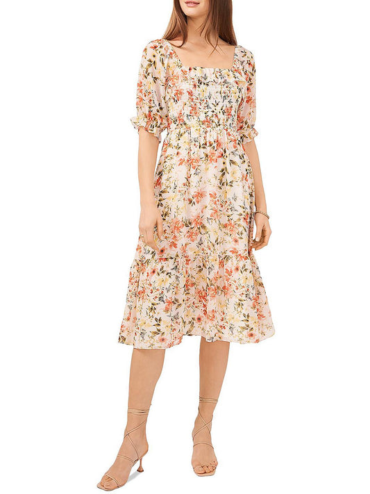 Womens Smocked Midi Fit & Flare Dress