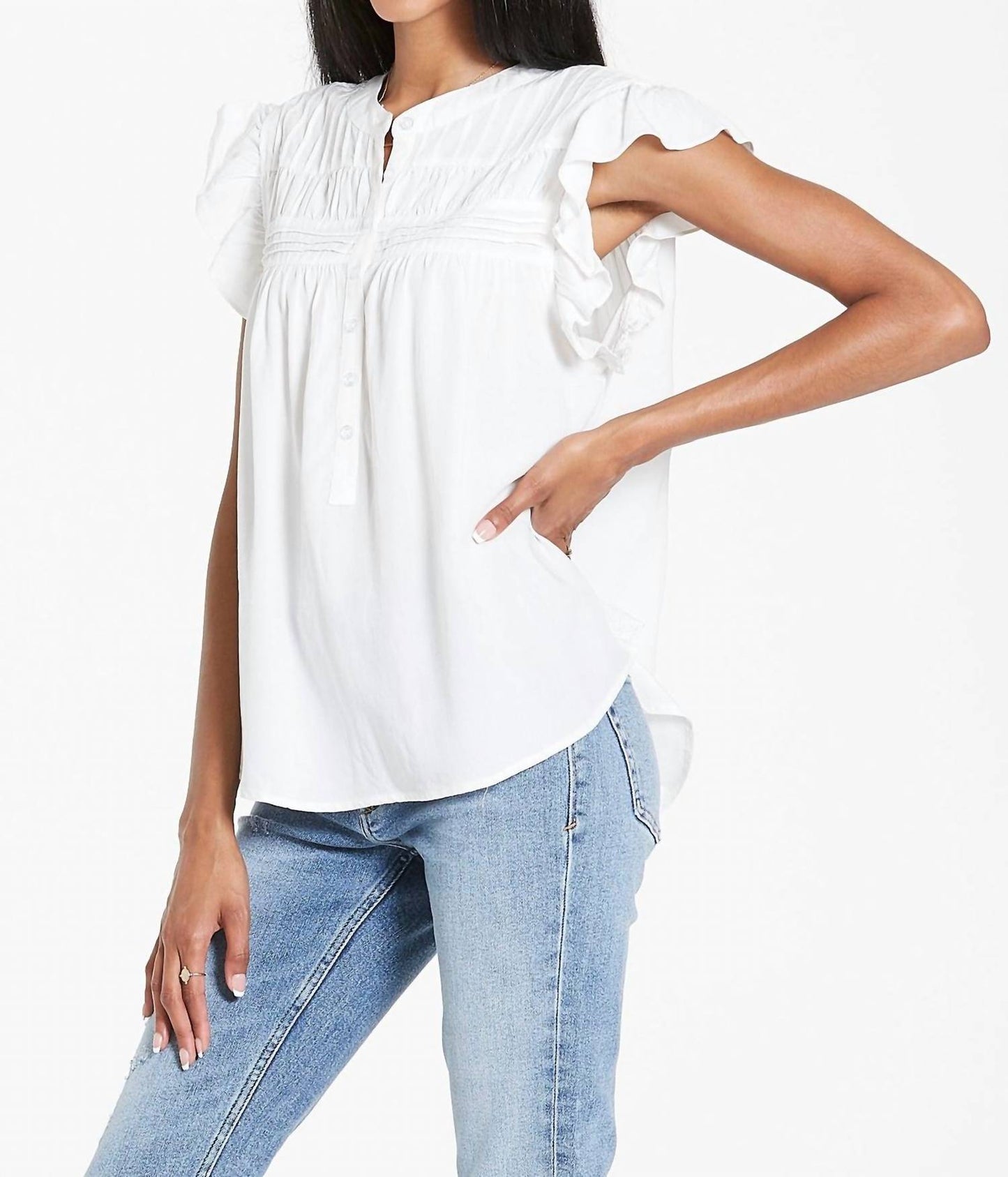 Rose Button Detail Peasant Top In White