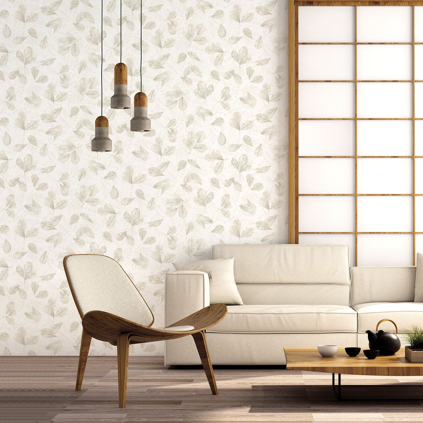 Fossil Leaf Toss Wallpaper in Light Beige from the Evergreen Collection