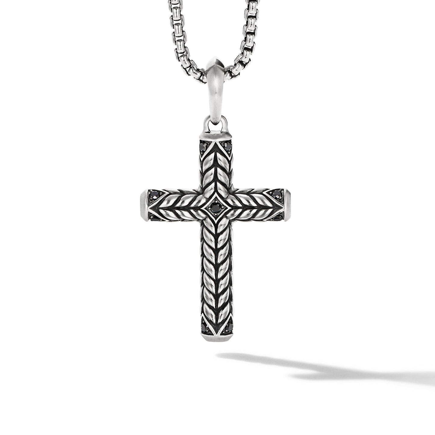 Chevron Sculpted Cross Pendant in Sterling Silver with Black Diamonds\, 49mm