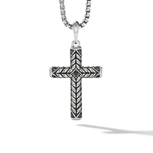 Chevron Sculpted Cross Pendant in Sterling Silver with Black Diamonds\, 49mm