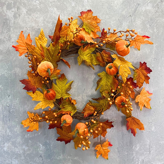 Harvest Time Maple Leaf Fabric Pumpkin Wreath 22" | KS