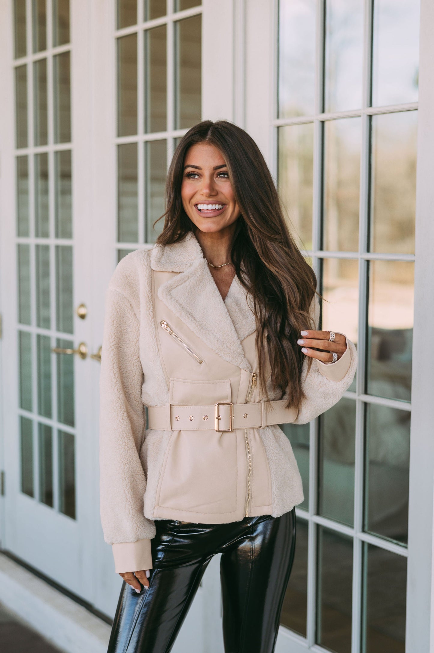 Olivia Sherpa Belted Jacket- Nude