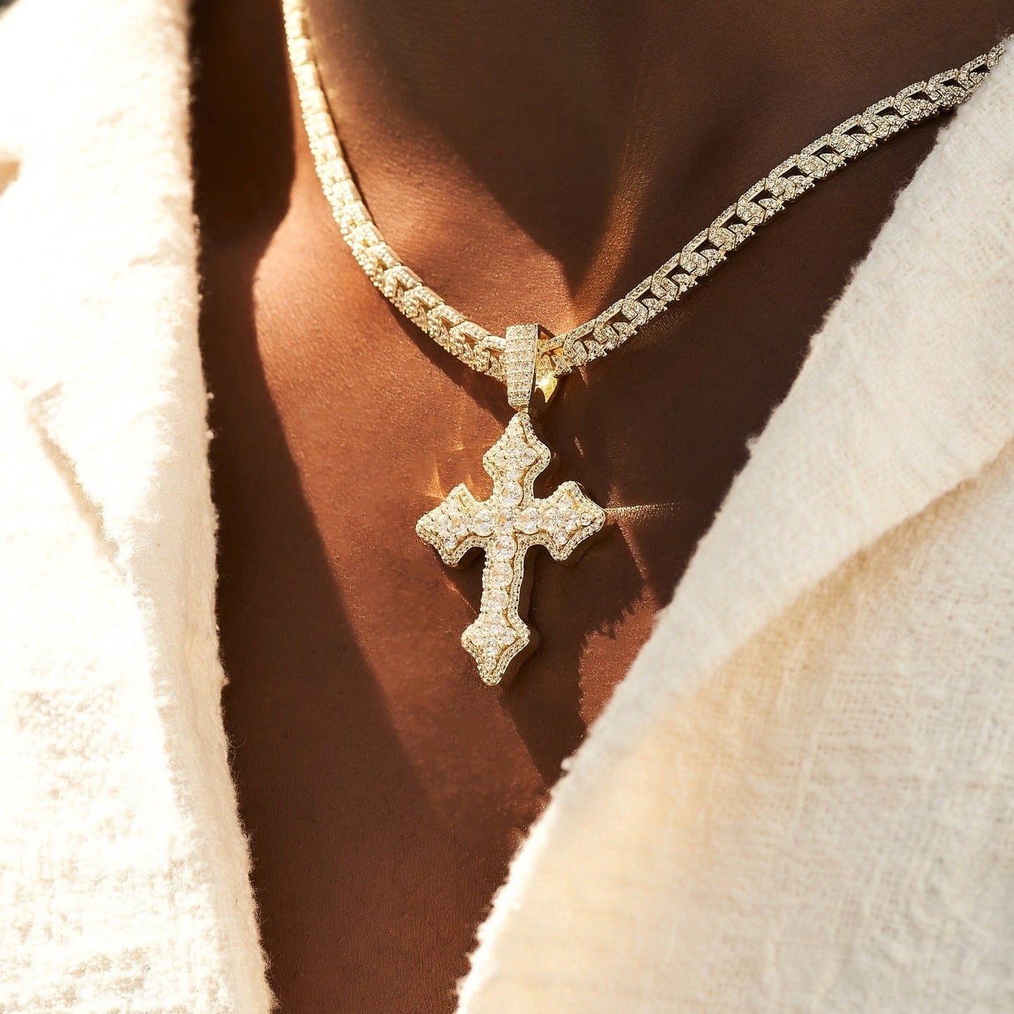 Iced Gothic Cross in Yellow Gold