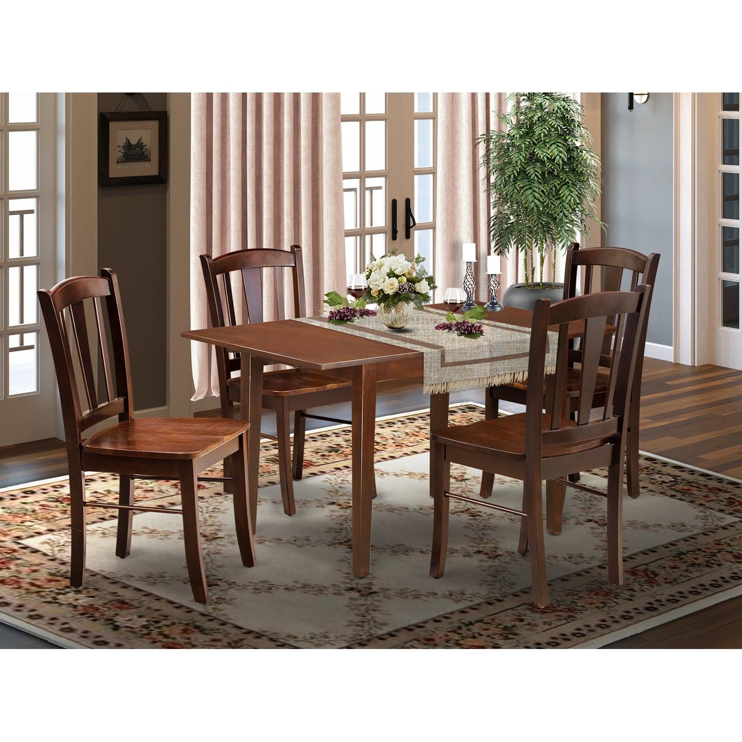 East West Furniture NFDL5-MAH-W 5 Piece Dining Table Set for 4 Includes a Rectangle Kitchen Table with Butterfly Leaf and 4 Dining Room Chairs, 32x54 Inch, Mahogany