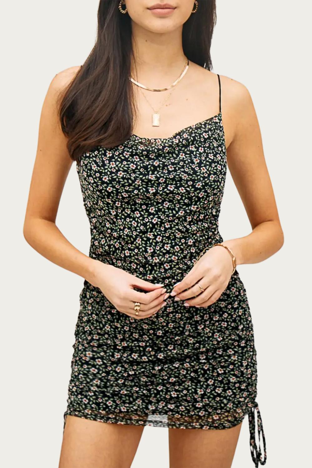 Ruched Floral Mini Dress In Black