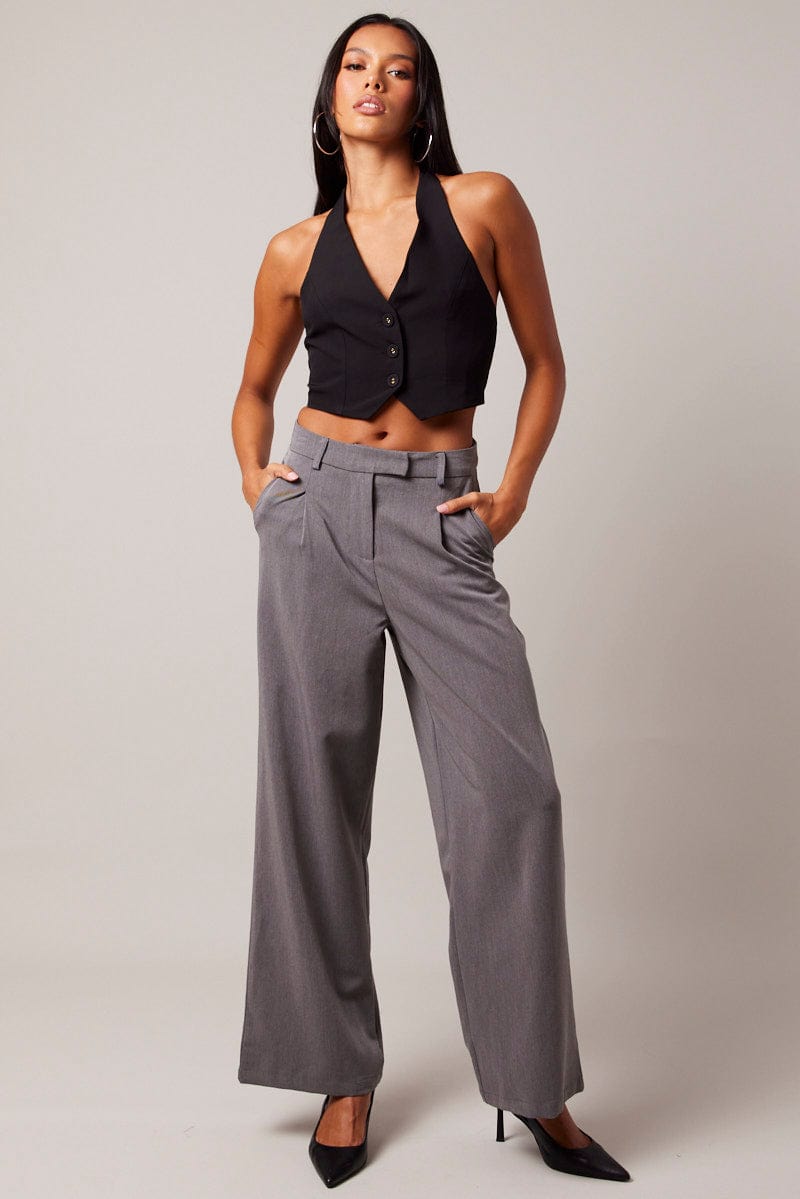 Grey Wide Leg Pants High Rise