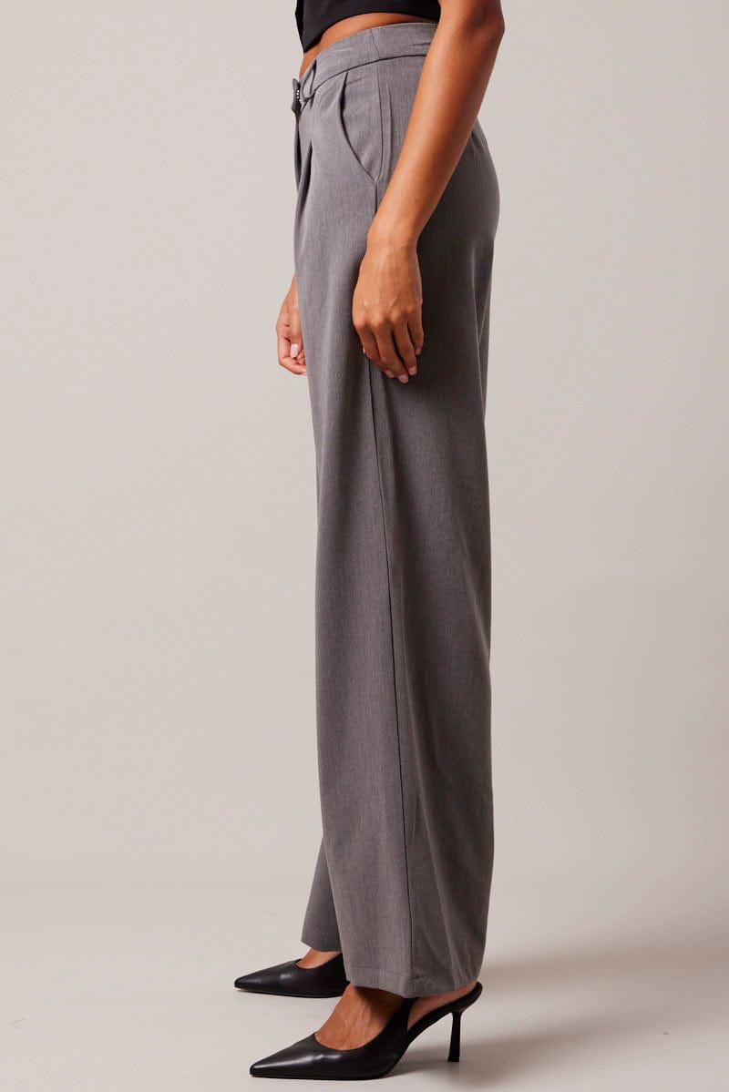 Grey Wide Leg Pants High Rise