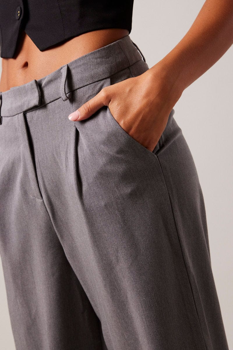 Grey Wide Leg Pants High Rise