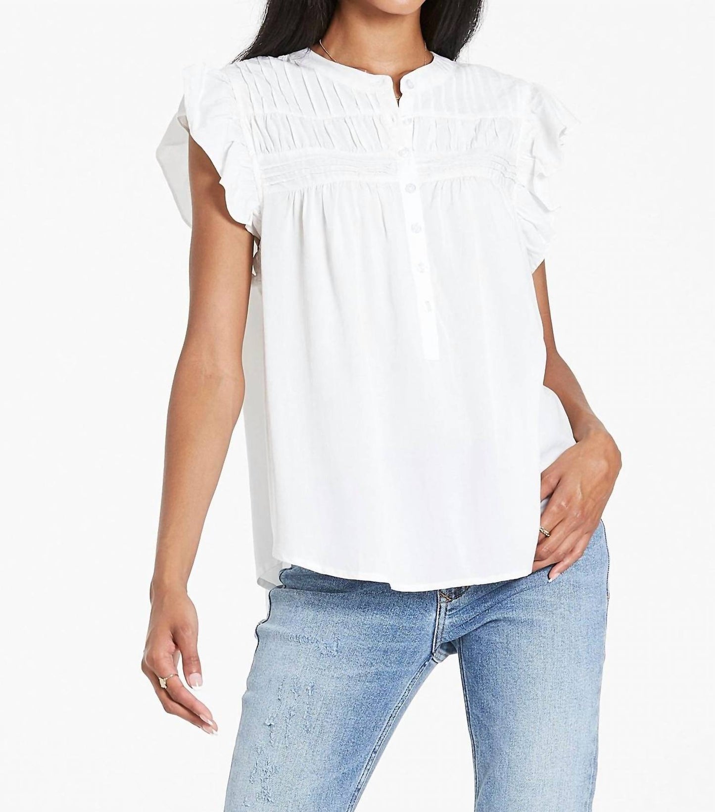 Rose Button Detail Peasant Top In White