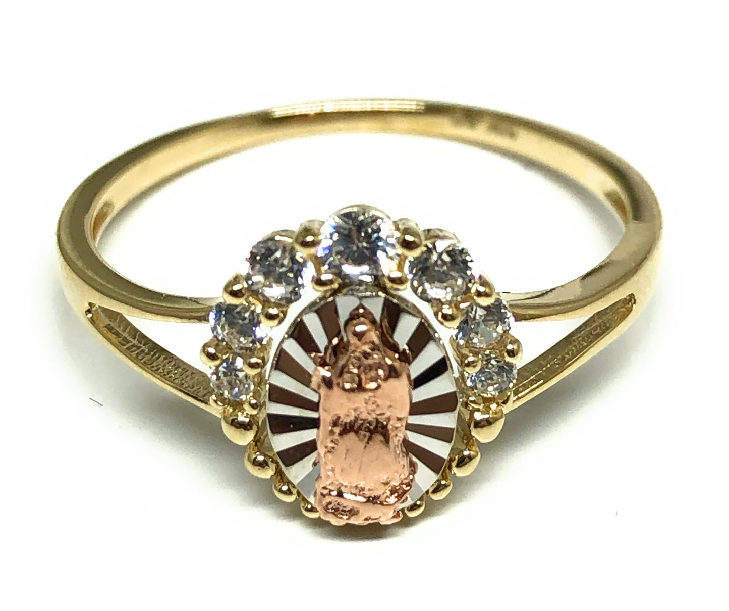 10k Solid Gold Tri-Color Virrgin Mary CZ Ring (FC 03)