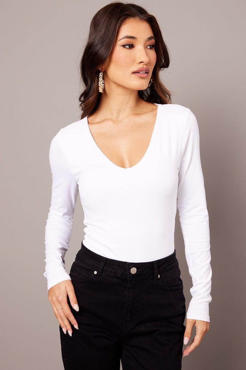 White Supersoft Bodysuit Long Sleeve V Neck