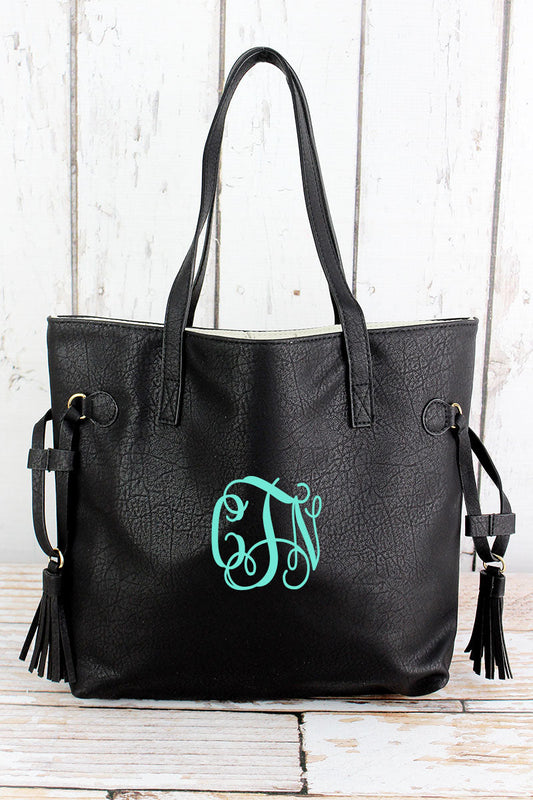 Black Faux Leather Side Tassel Tote