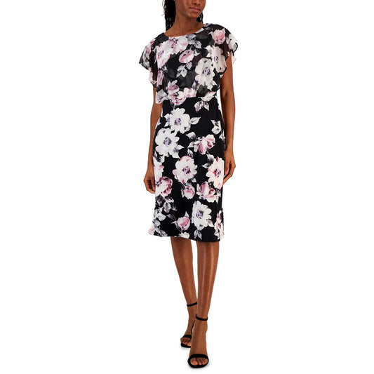 Connected Apparel Womens Petites Floral Print Chiffon Midi Dress